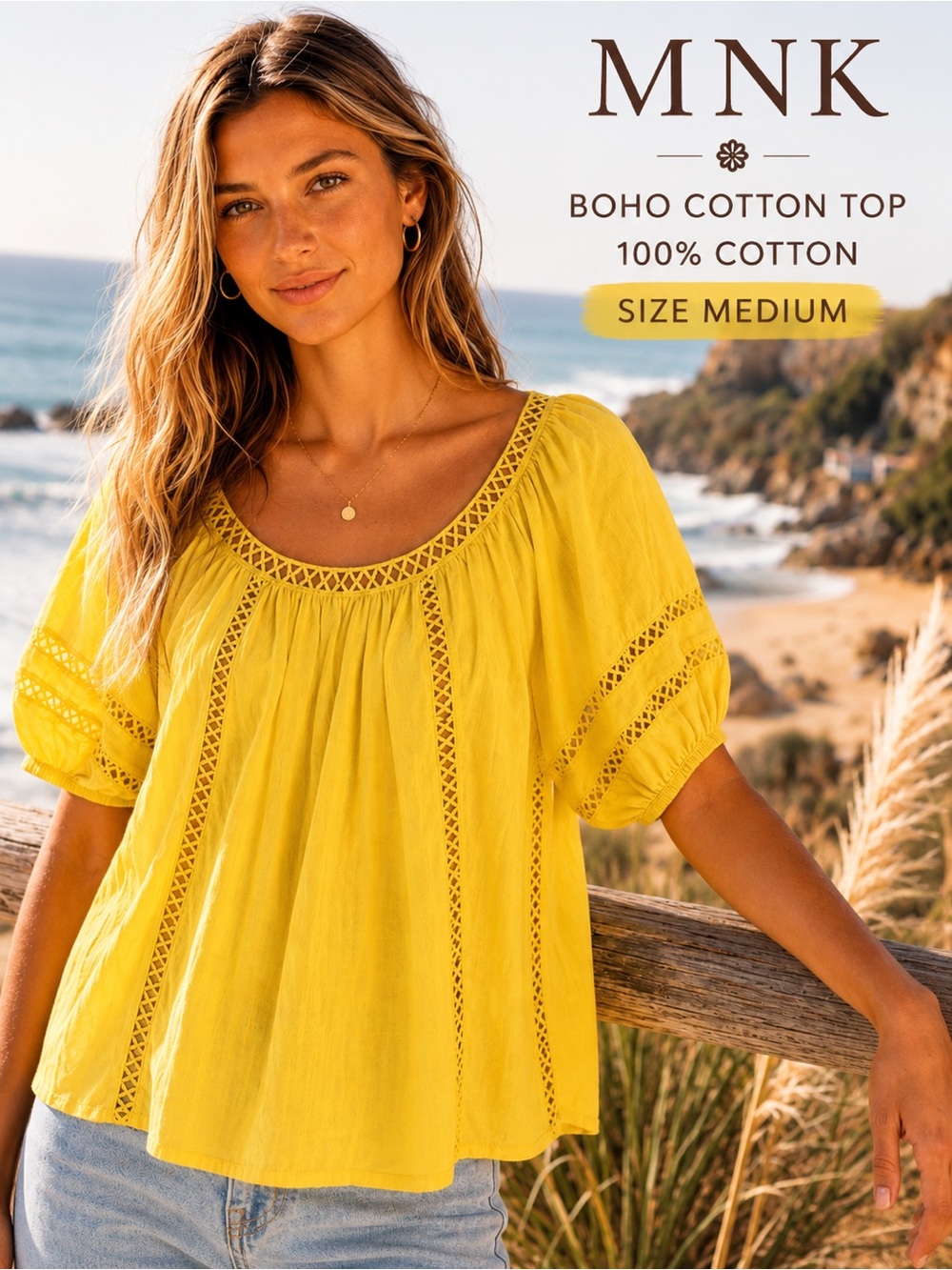 MNK Yellow Cotton Boho Blouse Peasant Top Balloon Sleeve Festival Medium